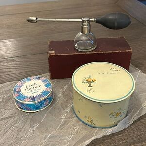 Vintage toiletries face powder atomizer lady Esther Cara Nome DeVilbiss bundle